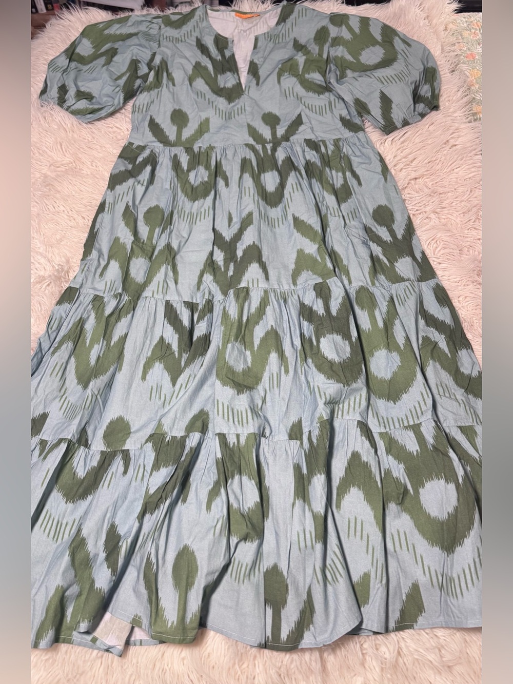Oliphant Ikat Dress V- Neck Tiered Maxi Green Blue Size 2XL 100% Cotton pockets